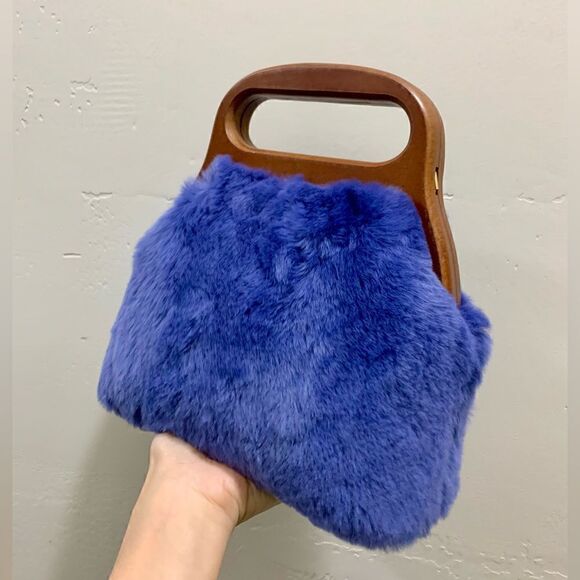 Handmade Real Rex Rabbit Fur Wooden Frame Top Handle Bag/Crossbody & 2 Straps - Picture 7 of 14